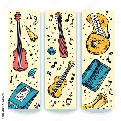Hand drawn music instrument banner set with guitar, trumpet, piano, saxophone and musical notes in doodle sketch style for festival flyer background