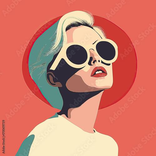Stylish blonde woman wearing oversized round sunglasses and red lipstick with minimalist flat vector retro design and coral background circle