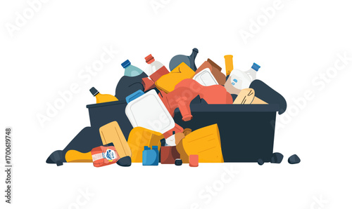 Overflowing black garbage bin filled with plastic bottles cans food containers waste in flat minimalist style illustration with scattered trash around dumpster