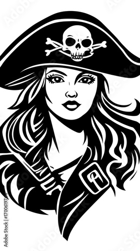 Black and white vector illustration of confident woman pirate wearing skull and crossbones hat with flowing hair and period costume outline engraving style