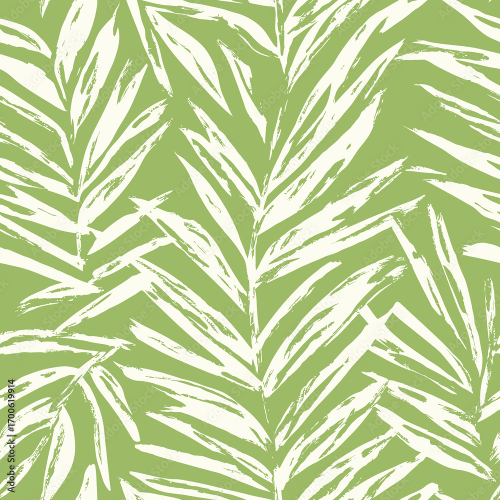 Obraz premium Abstract green palm leaf seamless pattern with hand drawn brush strokes for tropical summer background design in flat style vector illustration