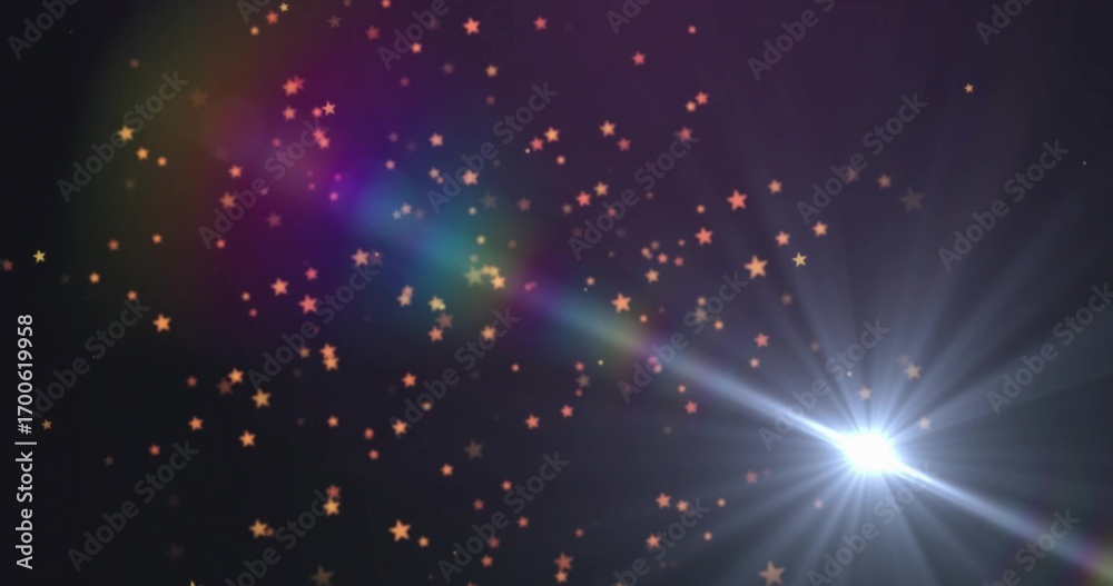Fototapeta premium Radiating white lens flare crossing cosmic scene with diagonal beam and golden sparkles, copy space