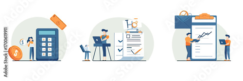 Business people working with calculator, filling tax forms, analyzing financial data, and checklist audit illustration