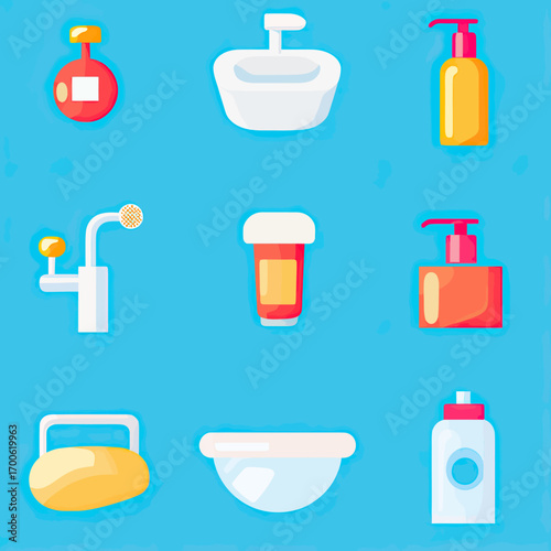 Set of nine colorful hygiene icons including soap, hand wash bottles, toothbrush, toothpaste tube, sink, and liquid dispenser on blue background