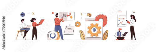 Diverse business people collaborating on marketing strategy and SEO optimization with charts, laptops, gear icons, and digital planning in flat vector style