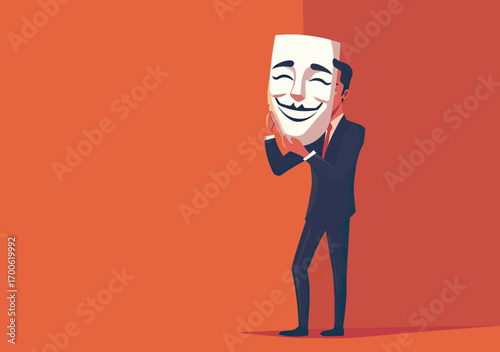 Businessman holding smiling mask hiding true identity concept of deception hypocrisy or imposter syndrome flat vector illustration on orange background
