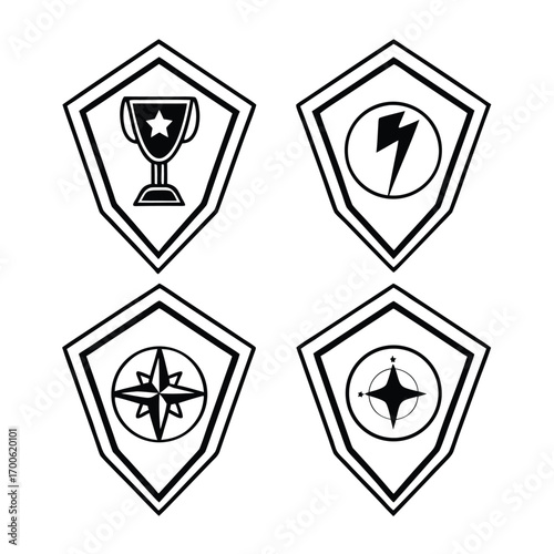 Collection of black and white game badges and achievement icons for rewarding players in video games and apps on white background
