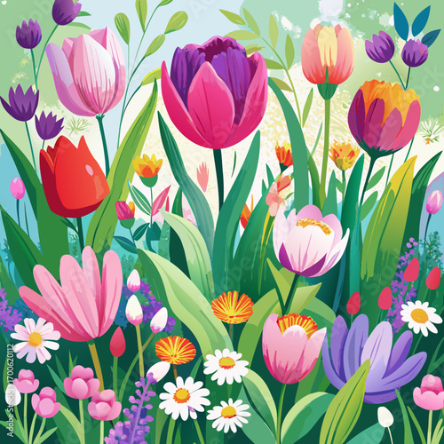 Vibrant watercolor spring garden illustration with tulips and daisies vector