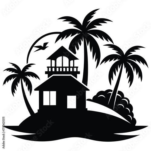 Silhouette of Tropical Island with Cabin, Palm Trees, and Bird Flying Overhead