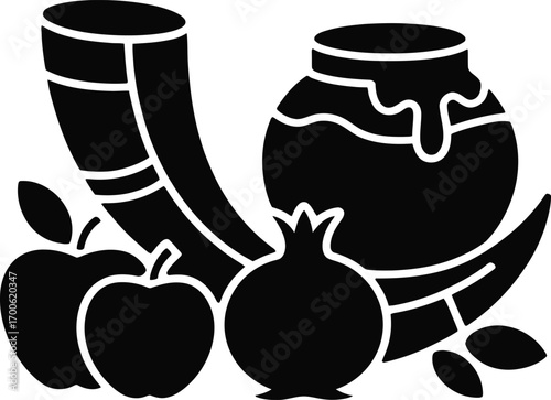 Black silhouette illustration of rosh hashanah symbols including shofar apples pomegranate and honey pot