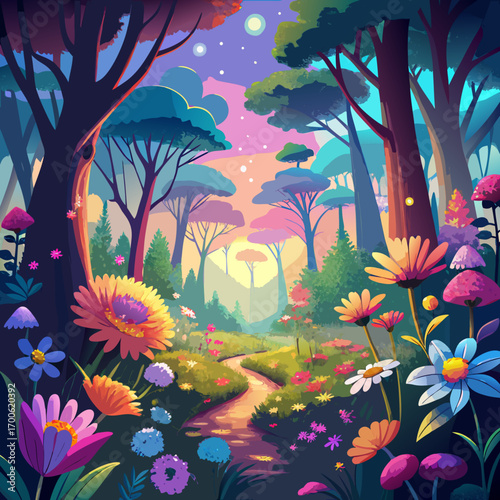 Vibrant whimsical forest clearing bursting with magical flowers vector
