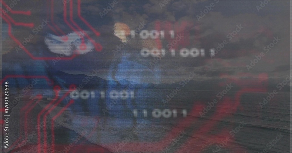 Obraz premium Floating stylized hacker mask overlaying sunset seascape, with red circuit traces and binary digits