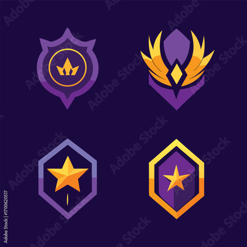 Collection of colorful game badges and achievement icons for rewarding players in video games and apps on a dark purple background