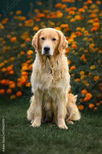 beautiful dog golden retriever labrador in the park in flowers in summer