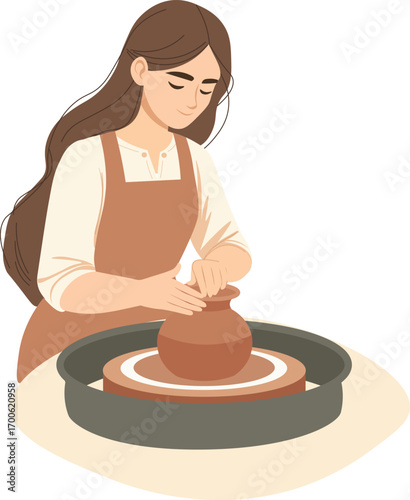Female potter making ceramic vase on pottery wheel woman creating and shaping clay pot in workshop handicraft hobby creative craft flat graphic vector illustration isolated on white background