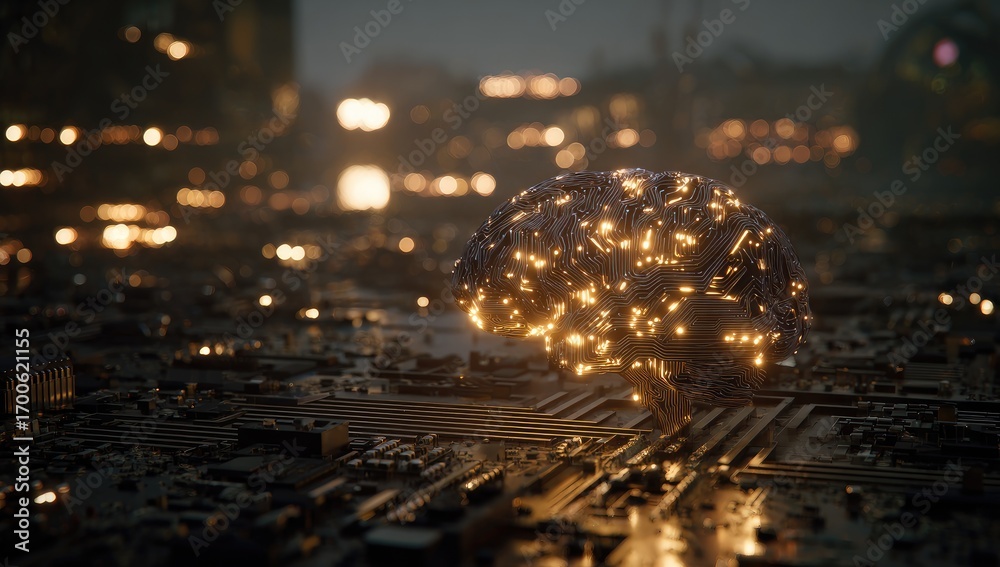 Obraz premium Digital brain, glowing neural connections on circuit board, futuristic city background