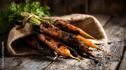 Wallpaper Mural Freshly harvested carrots with green tops in a rustic burlap sack. Torontodigital.ca