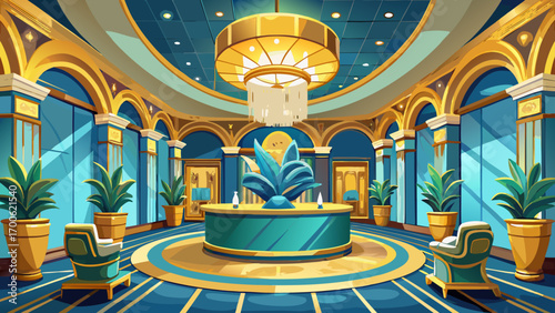 Stunning panoramic 360 view of a five-star hotel reception, showcasing gold-trimmed counters, plush teal sofas, abstract sculptures, and warm ambient lighting, radiating opulence, hospitality, and ele