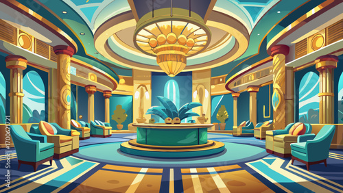 Stunning panoramic 360 view of a five-star hotel reception, showcasing gold-trimmed counters, plush teal sofas, abstract sculptures, and warm ambient lighting, radiating opulence, hospitality, and ele