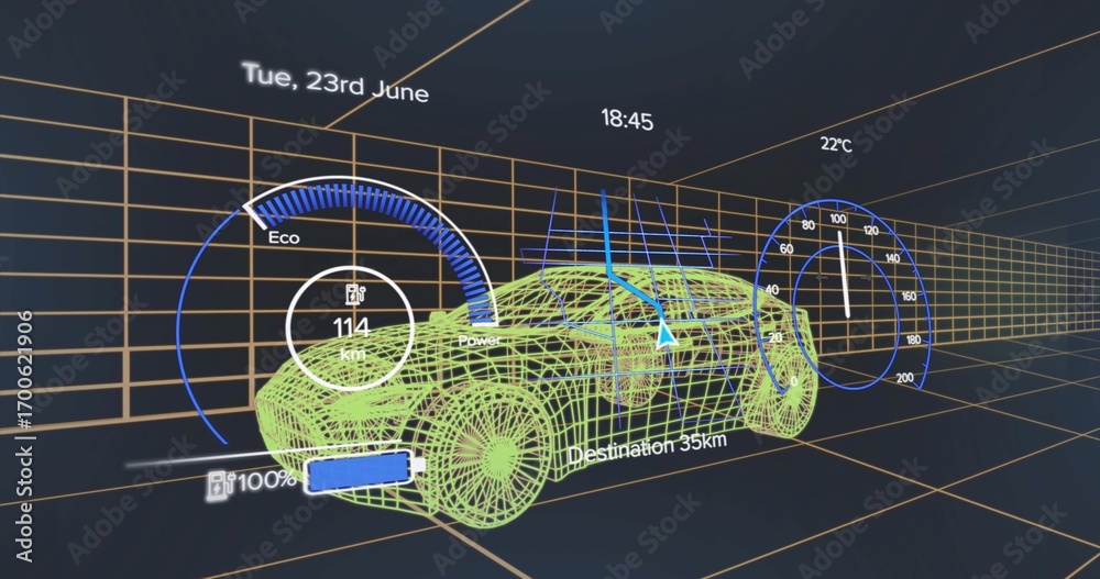 Obraz premium Displaying green wireframe sports car model in virtual space, with eco gauge and HUD elements