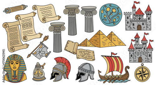 Ancient History Doodle Set with Scrolls Columns Pyramids Castles and Helmets for Historical Illustrations