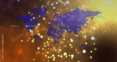 Translucent world map showing data on textured amber background, with glowing bokeh, numeric labels