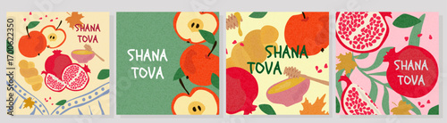 Colorful Shana Tova and Rosh Hashanah greeting card set with apple, pomegranate, honey, bread Challah. Hand drawn illustration, template for Jewish New Year celebration, in trendy modern art style