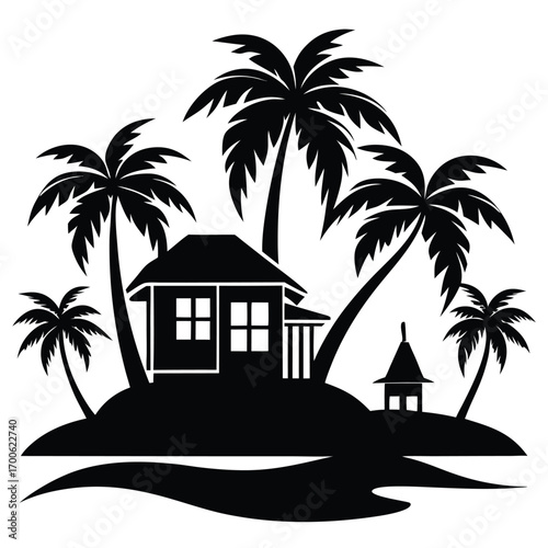 Silhouette Tropical Island Scene with Palm Trees, Cabin, and Ocean Water Illustration