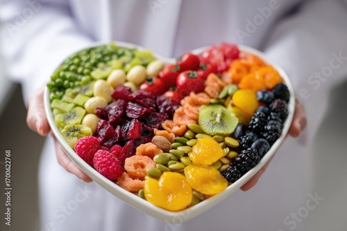 Heart-shaped plate of colorful, assorted fruits and vegetables held by a person in a white lab coat