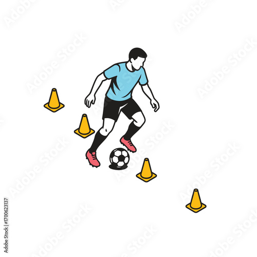 vector illustration of soccer players practice dribbling the ball over the cone obstacles