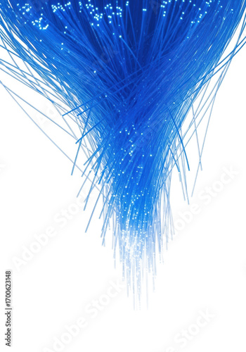 Intricate, intense electric blue fiber optic strands cascading elegantly on a transparent background with copy space, representing high-speed digital data pathways. Concept of advanced technology