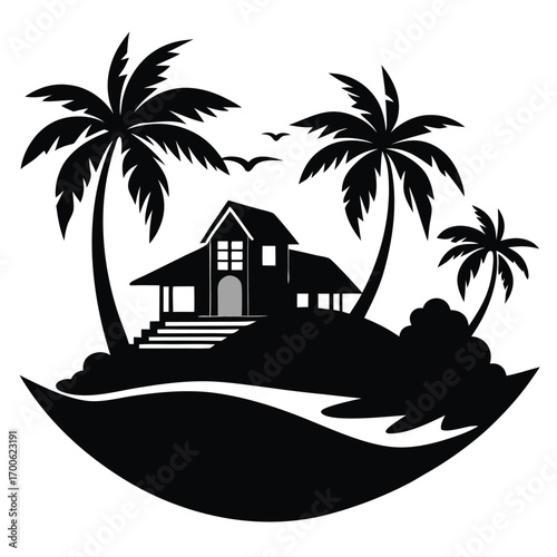 Tropical Island House with Palm Trees and Birds Silhouette Vector Illustration