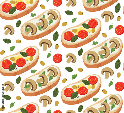Colorful seamless background with bruschettas with tomatoes, mushrooms, basil and olives. Appetizing pattern of toasts with cheese and vegetables