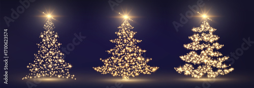 Vector Christmas tree made of glowing lights. Bright shiny Christmas light. Glittering lights in the form of a Christmas tree. Gold glowing spruce luxurious design.