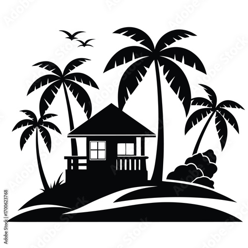 Black Silhouette Image of Tropical Beach Hut with Palm Trees and Flying Birds