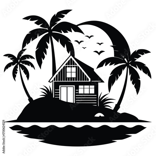 Tropical Island Getaway Black Silhouette of House, Palm Trees, Birds, and Moon