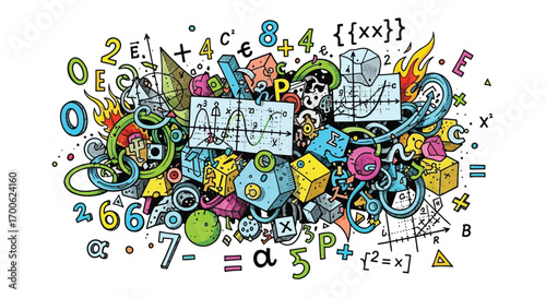 Mathematical Equations and Geometric Shapes Vector Illustration Featuring Algebra Calculus and Scientific Symbols