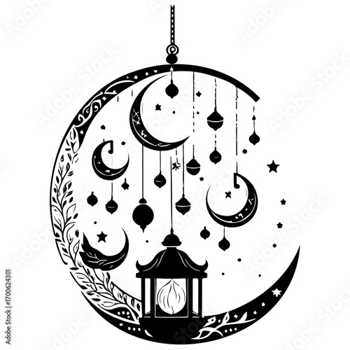 Ramadan Lantern Hanging Crescent Moon illustration sketch draw