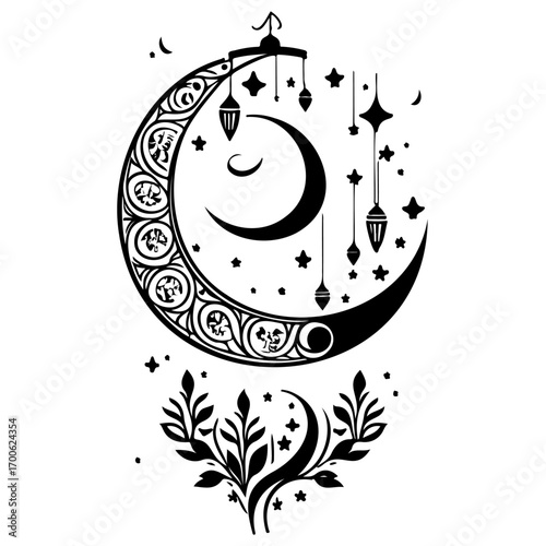Ramadan Lantern Hanging Crescent Moon illustration sketch hand draw