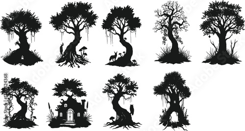 Wallpaper Mural Mystical tree silhouettes, enchanted forest illustrations, fantasy trees with roots, mushrooms, animals, fairy tale cottage, magical nature, whimsical forest scenery Torontodigital.ca