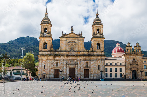 Bogotà, Colombia, 08.12.2025: view of the Metropolitan and Primate Cathedral Basilica of the Immaculate Conception and Saint Peter in Bolivar Square.