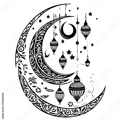 Ramadan Lantern Hanging Crescent Moon illustration sketch hand draw