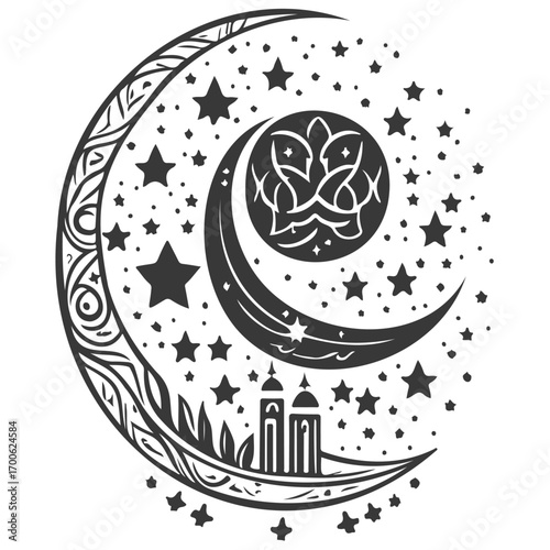 Moon star ramadan arabic islamic illustration grey