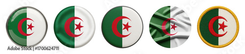 Algeria flag badges set including glossy, textured, waving fabric, and embroidered styles isolated. National symbol and country representation icons.