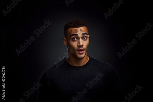 Dramatic close-up portrait of man with lifted eyebrows and slightly open mouth in astonished expression