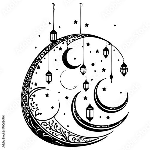 Ramadan Lantern Hanging Crescent Moon illustration sketch draw