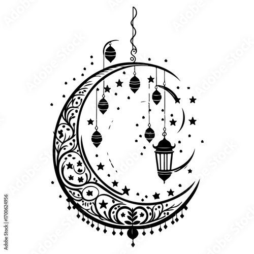 Ramadan Lantern Hanging Crescent Moon illustration sketch hand draw