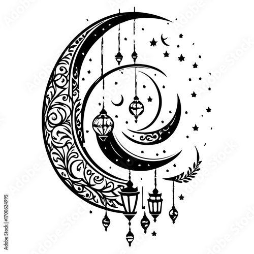 Ramadan Lantern Hanging Crescent Moon illustration sketch draw