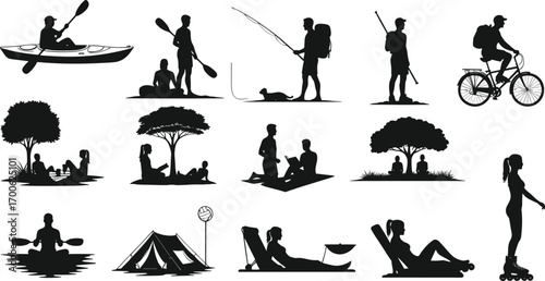 Outdoor activity silhouettes with kayaking, fishing, cycling, camping, reading, relaxation, exercising, rollerblading, nature, trees, people, leisure, sport, recreation