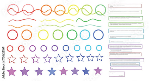 Colorful Rainbow Elements Collection Lines Circles Stars and Text Boxes for Design Projects and Creative Visual Communication